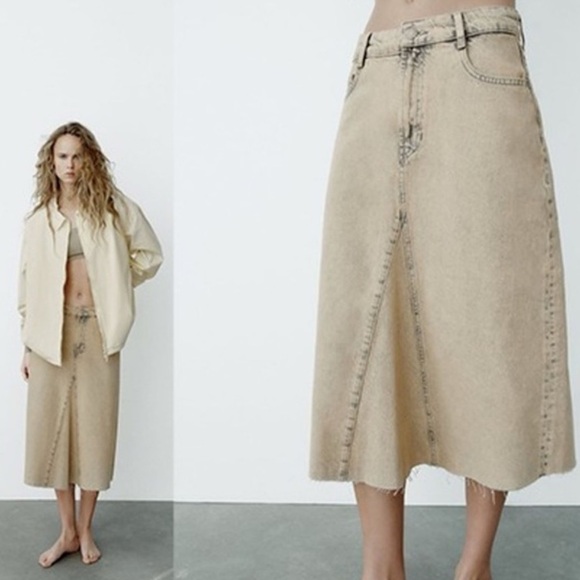 Zara Women's Overdyed Frayed Denim Mid Rise A-line Midi Skirt Size M - Picture 1 of 7